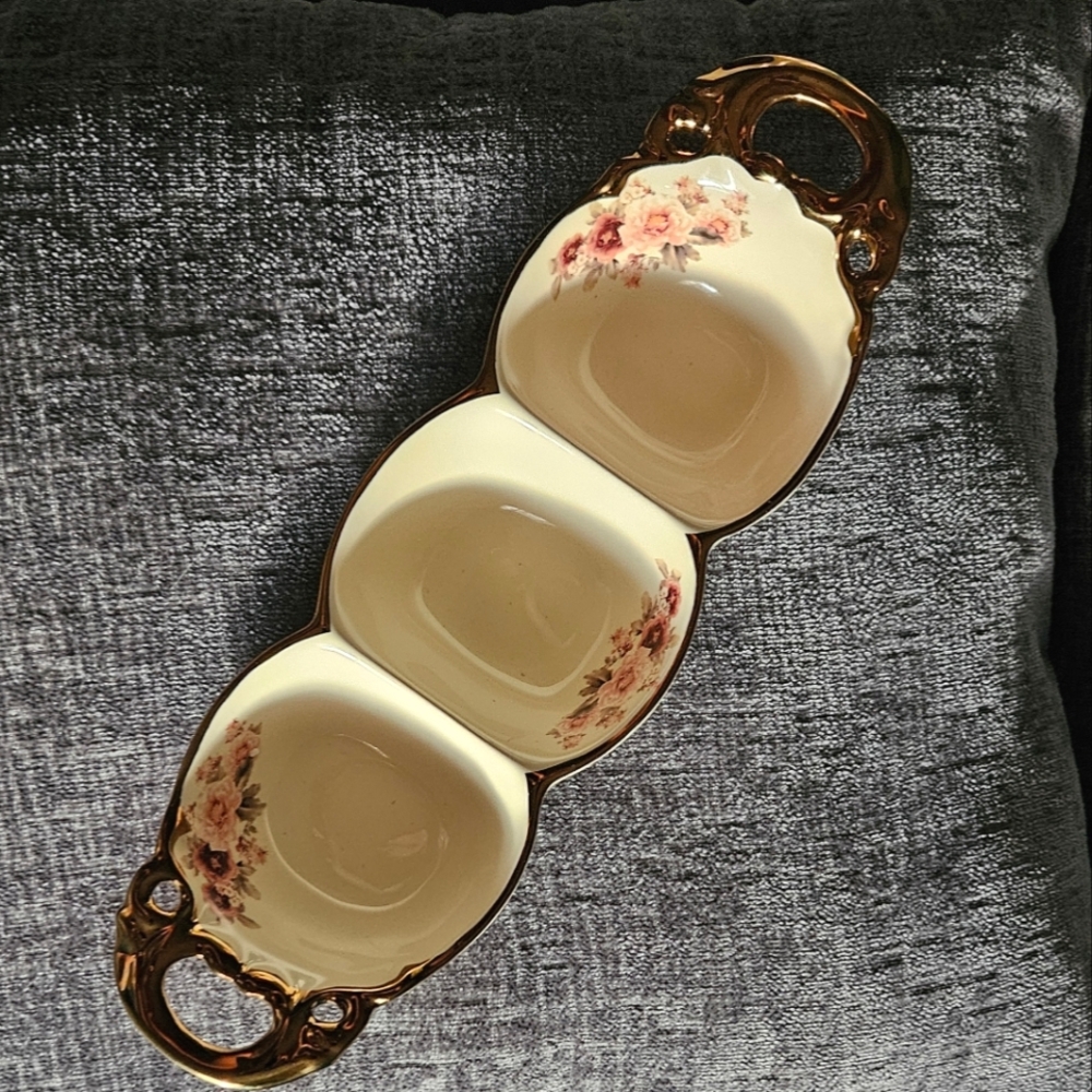 Fanquare Gold Porcelain Snack Bowl, Floral 3 Compartment